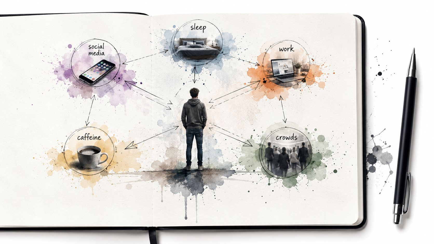 A person standing in a journal sketch surrounded by interconnected icons for sleep, work, crowds, caffeine, and social media.
