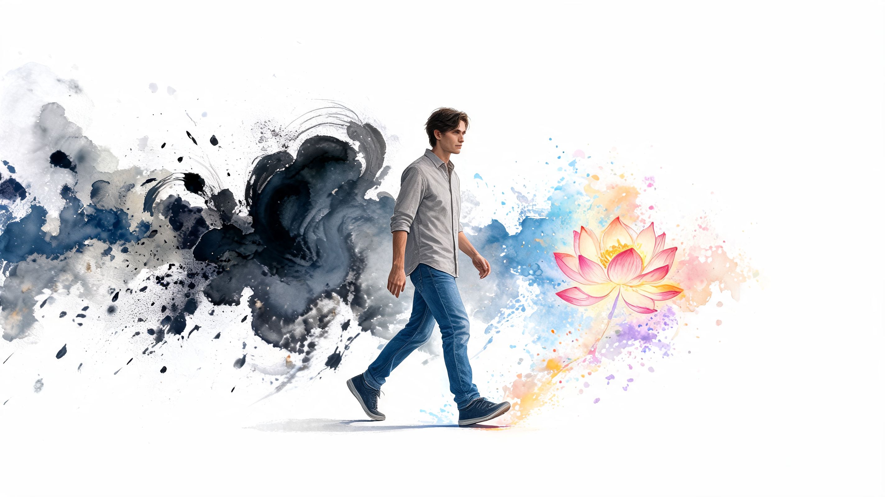 A young man walking from a dark ink splash towards a vibrant, blossoming watercolor lotus flower.