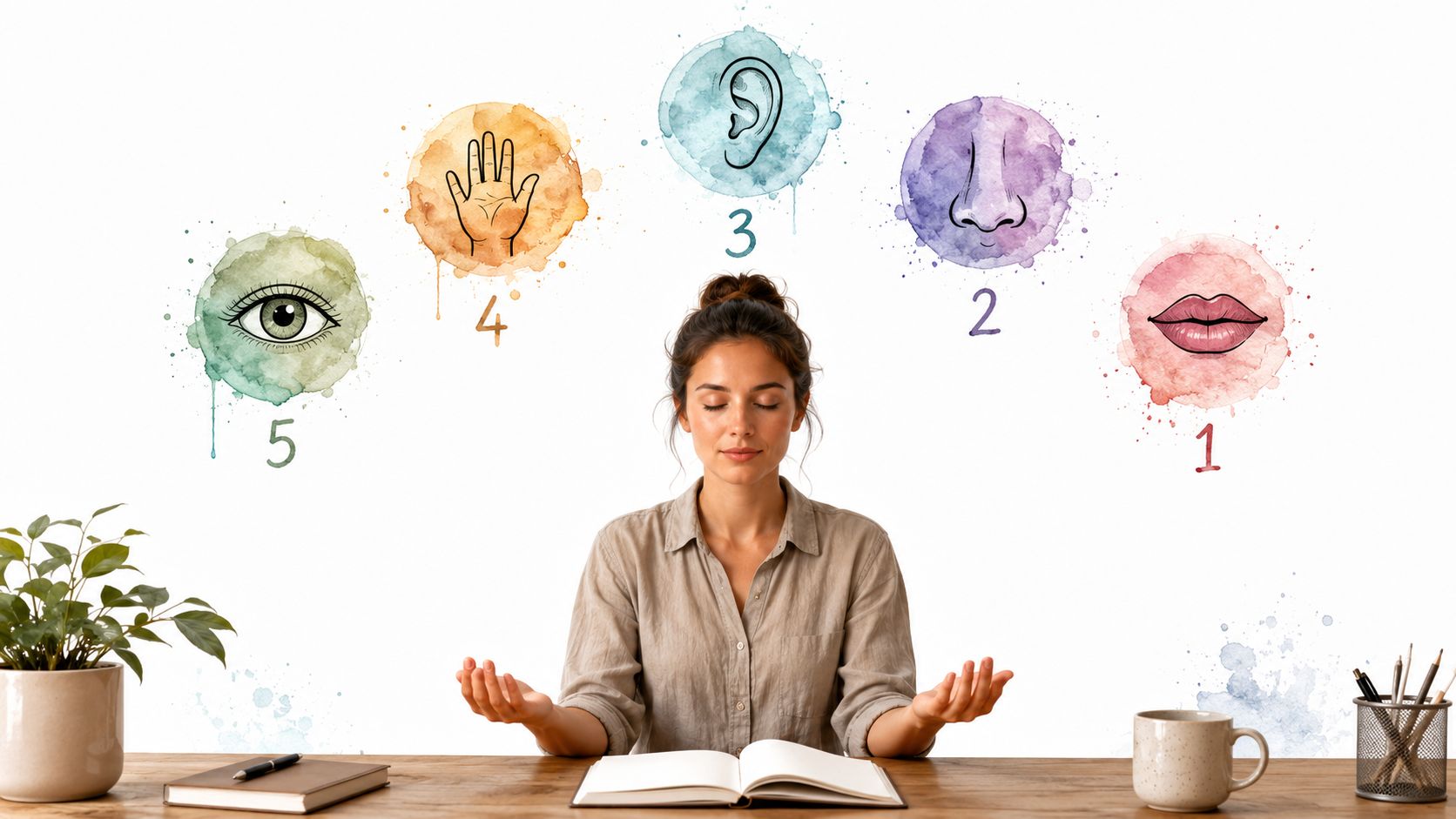 A woman meditating at a desk with conceptual watercolor icons of the five senses floating above.