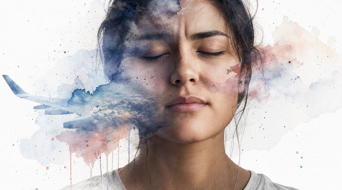 A woman with her eyes closed, merging with a watercolor artistic depiction of an airplane and clouds.