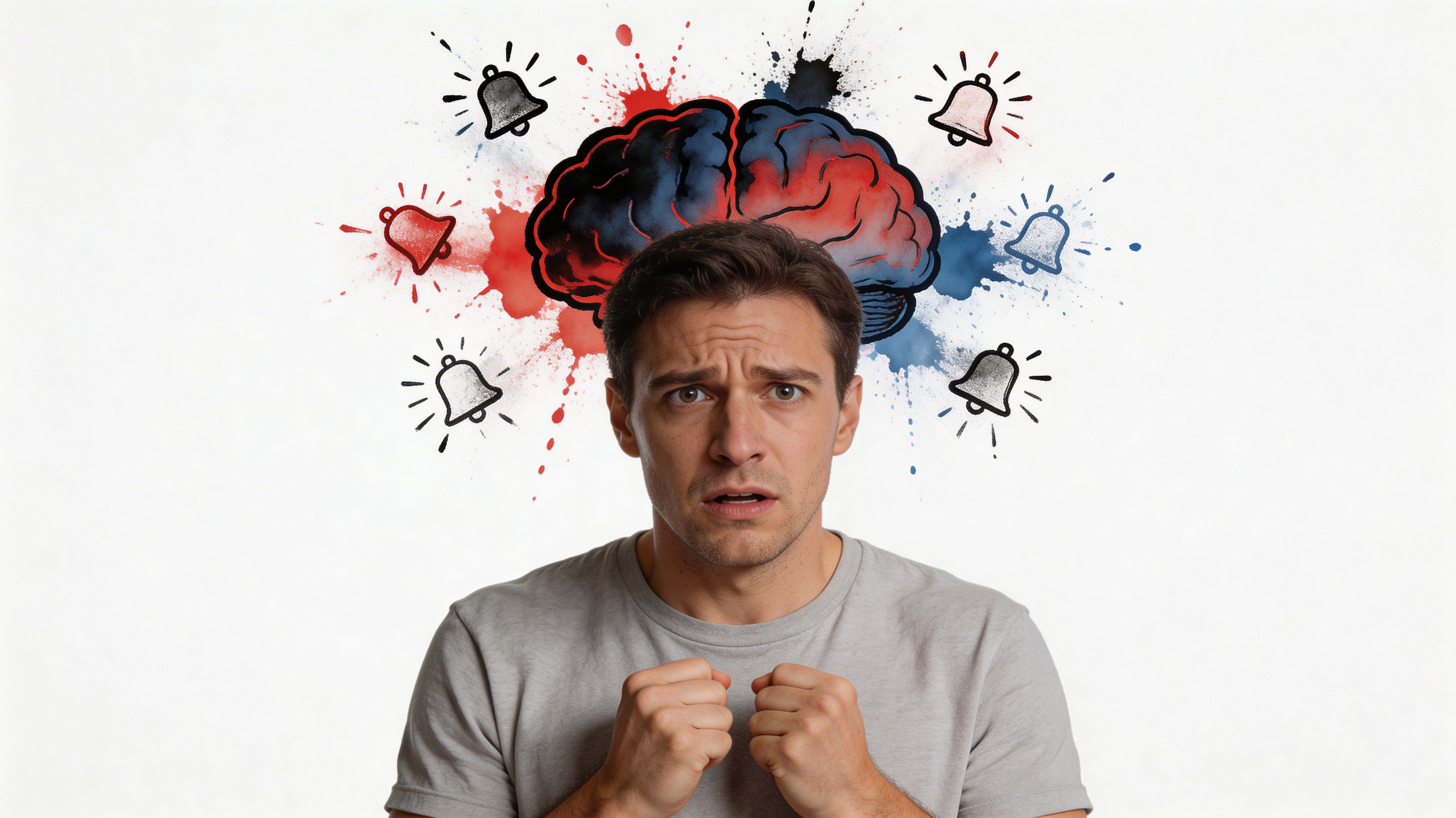 A concerned man standing in front of a brain graphic surrounded by alarm bell icons representing anxiety.
