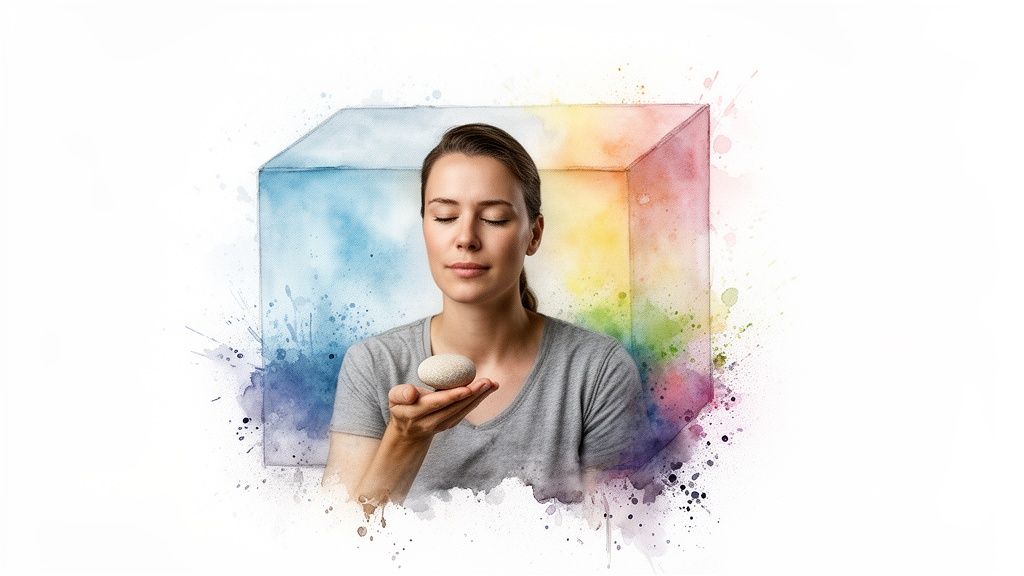 A serene woman meditates, holding a smooth stone, against a vibrant watercolor cube background with splatters.