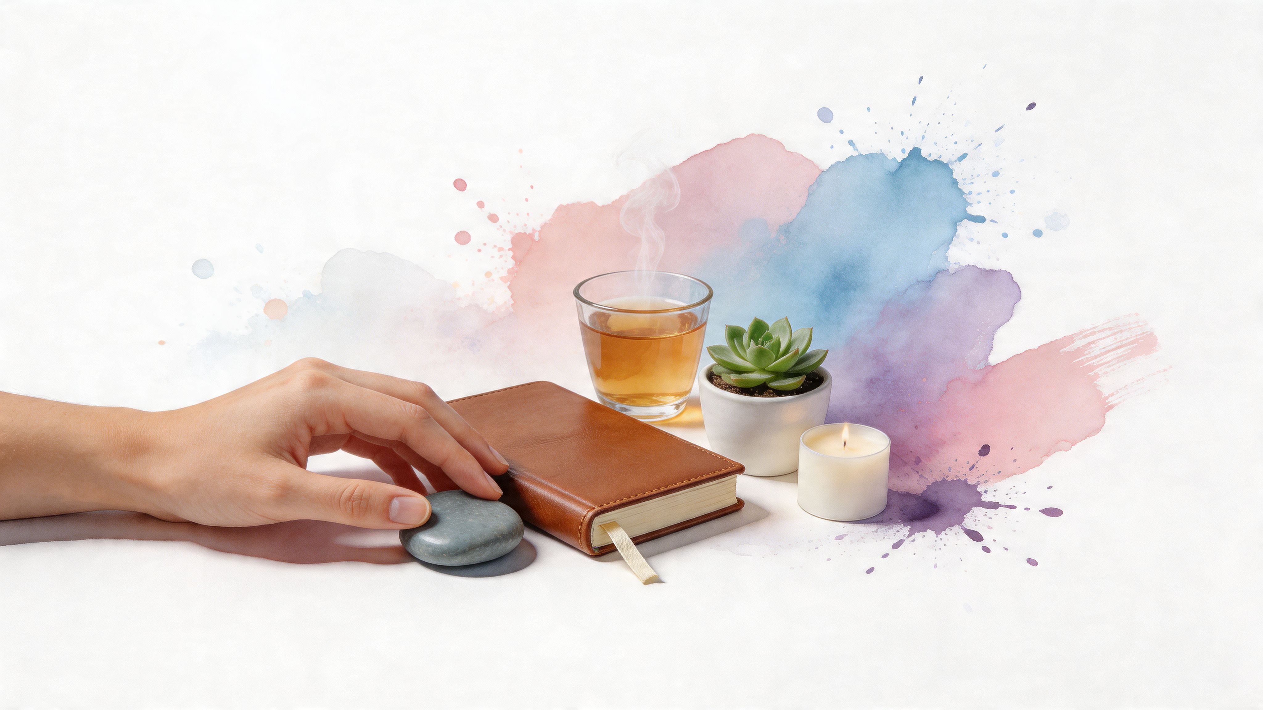 A hand reaches for a smooth stone next to a leather notebook, warm tea, and a succulent.