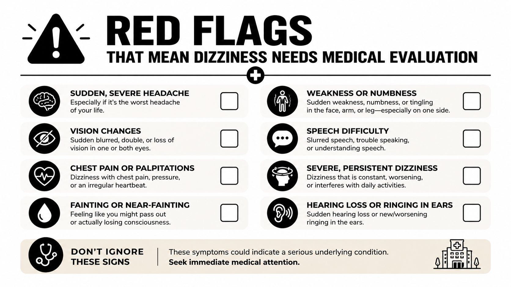 An infographic listing red flag symptoms associated with dizziness that require urgent medical evaluation and attention.