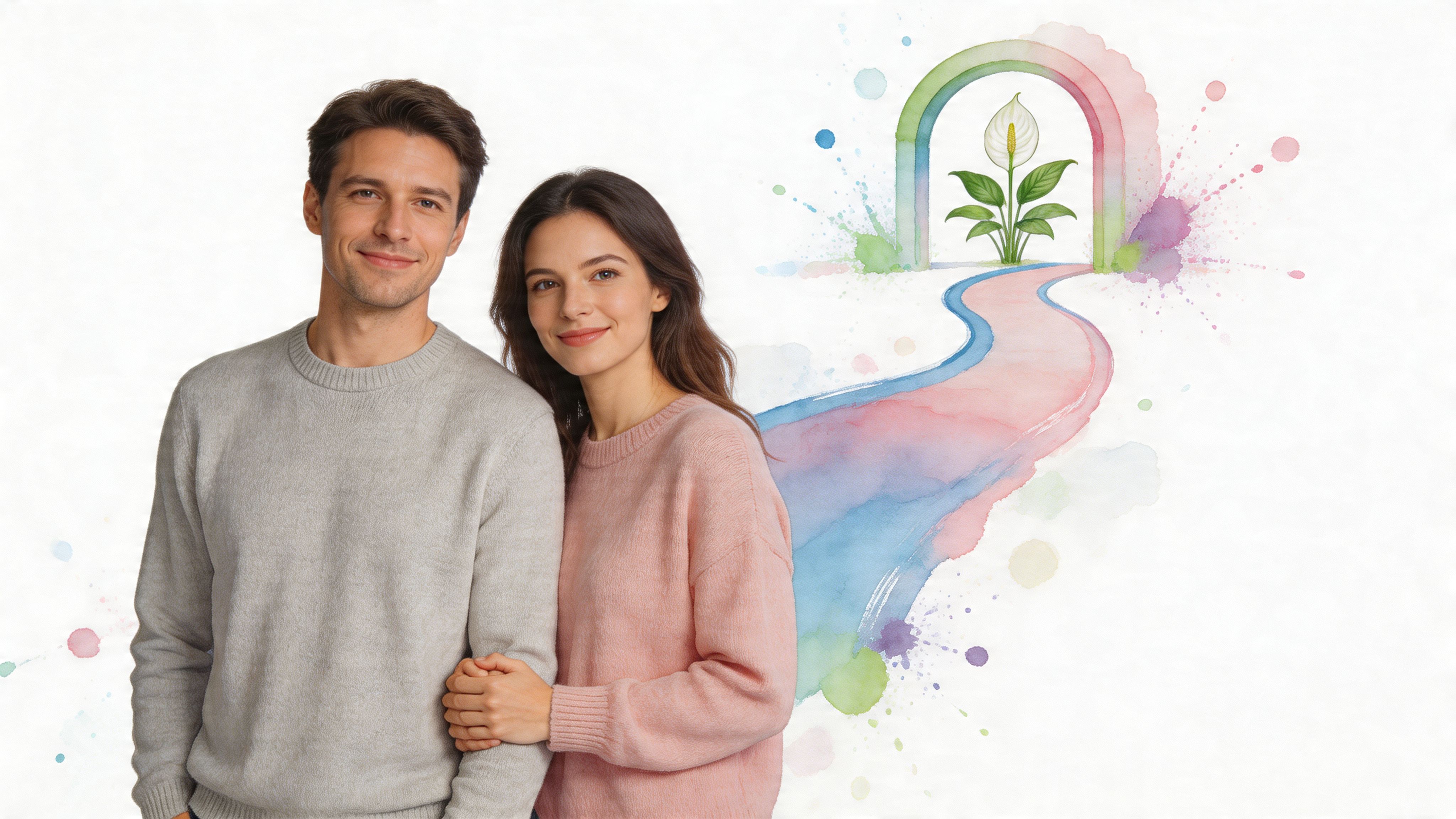 A young, happy couple standing closely together against a creative, watercolor-inspired background with a symbolic floral pathway.
