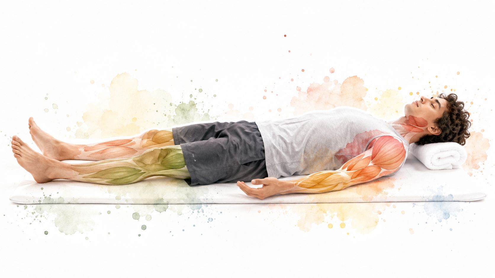A person lying in a relaxed pose on a yoga mat with anatomical muscle overlays visible on limbs.