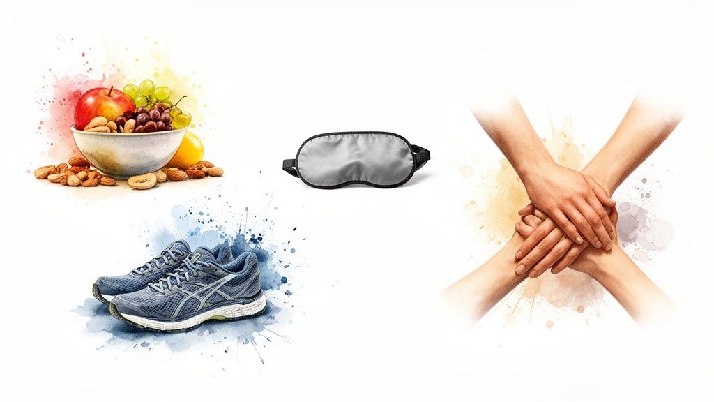 An illustration showing healthy eating, running shoes, a sleep mask, and hands stacked, symbolizing holistic well-being.