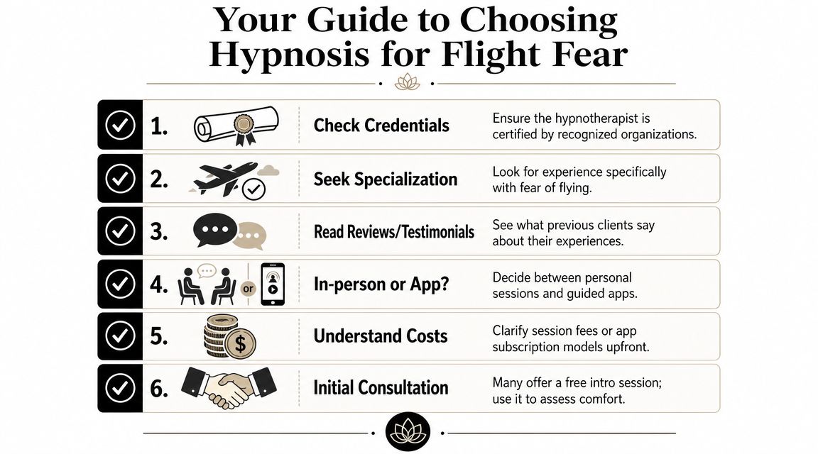 A six-step guide infographic for choosing professional hypnosis services to help overcome the fear of flying.