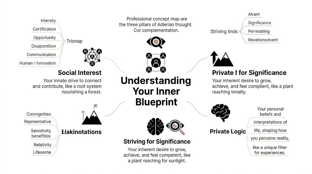 A diagram illustrating the core pillars of Adlerian psychology including social interest, private logic, and striving for significance.