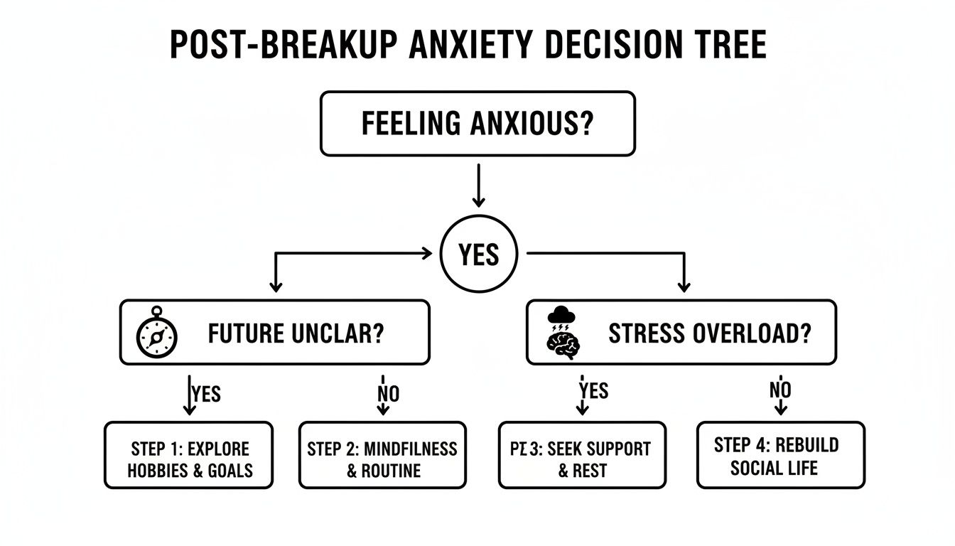 A decision tree flowchart for post-breakup anxiety, guiding through steps based on feelings and circumstances.