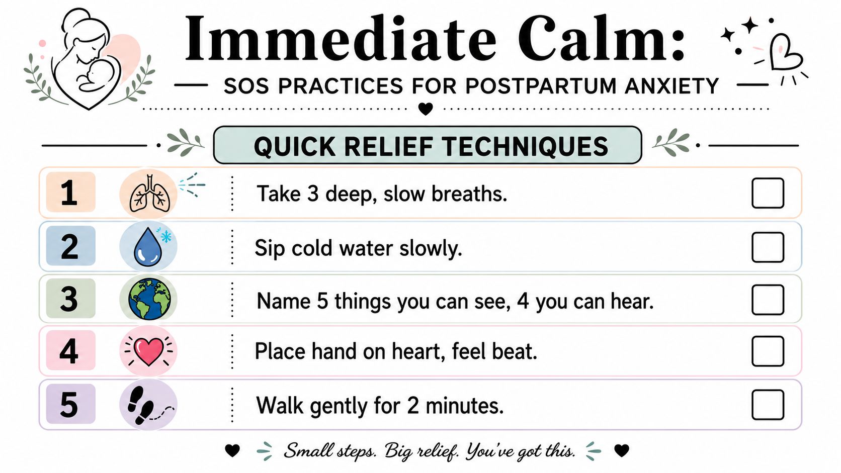 A colorful infographic providing five quick relief techniques for postpartum anxiety with icons and checkboxes.