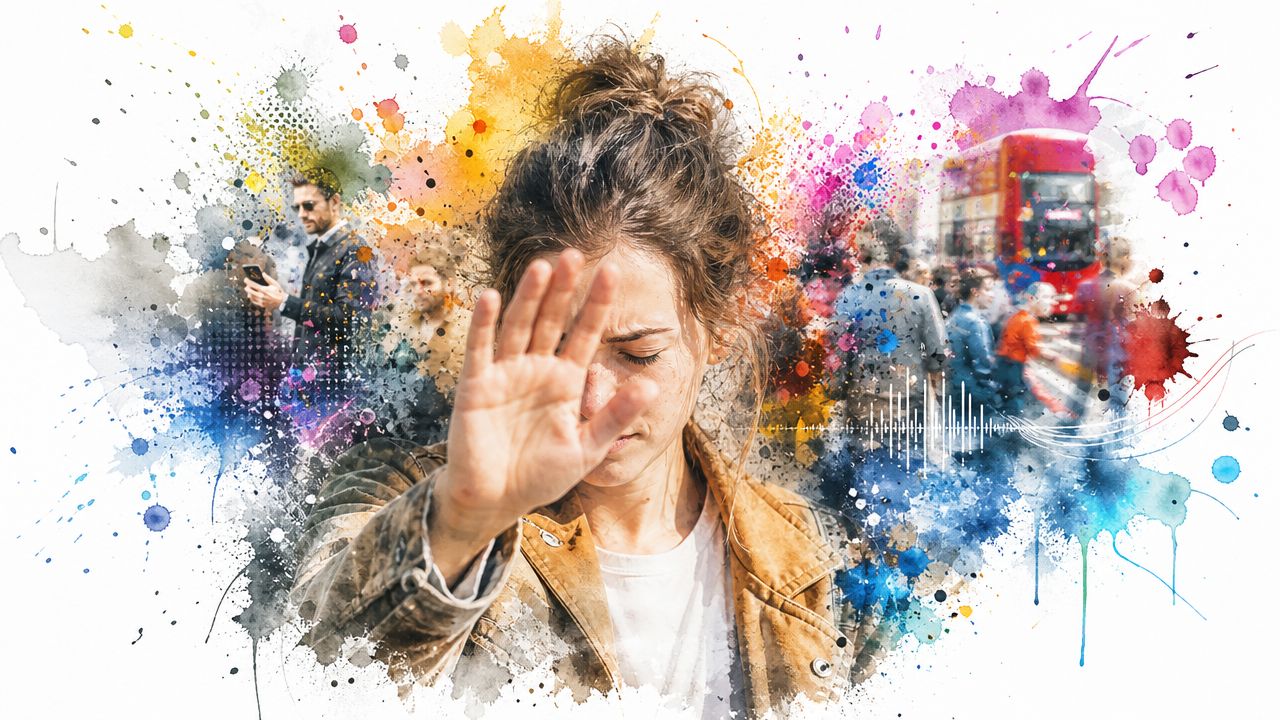 A woman shielding her face from a bustling, colorful urban scene representing sensory overload and anxiety.