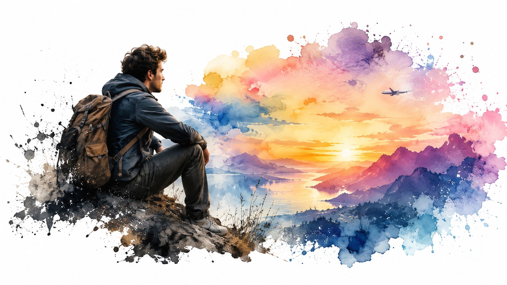 A traveler sitting on a mountain edge looking at a sunset over a valley with an airplane flying.