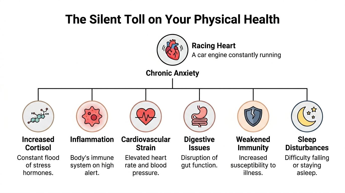 A diagram illustrating the physical health effects of chronic anxiety, including cortisol, inflammation, and heart strain.