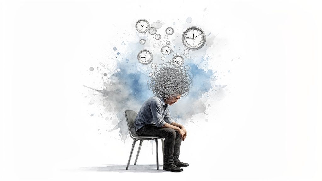 A man sits with a tangled mess on his head and clocks floating above, depicting time anxiety.