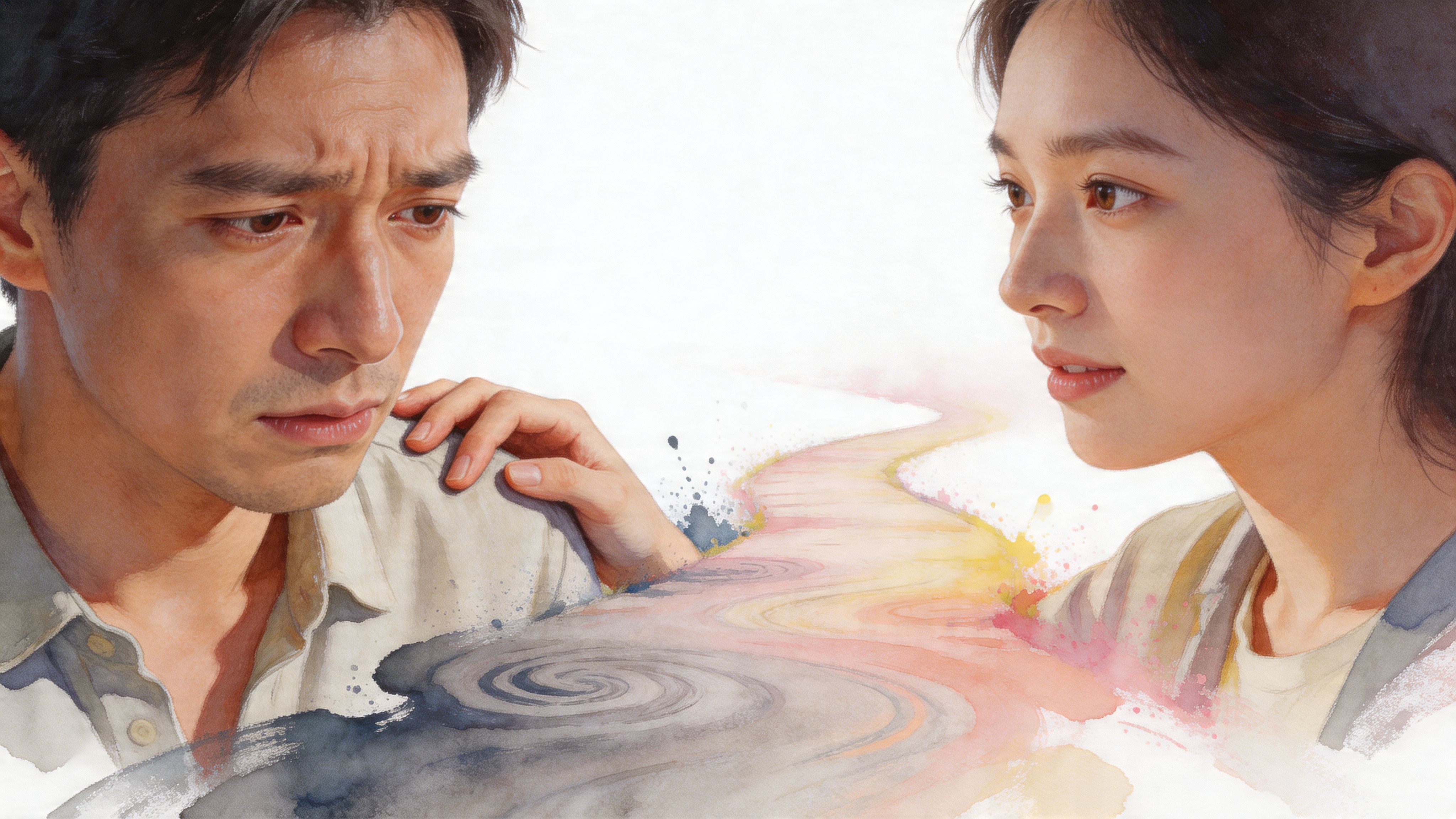 A woman gently comforts a man who appears sad, with artistic watercolor streams connecting them.