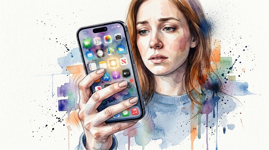 A watercolor illustration of a young woman looking at her smartphone with a concerned, anxious expression.