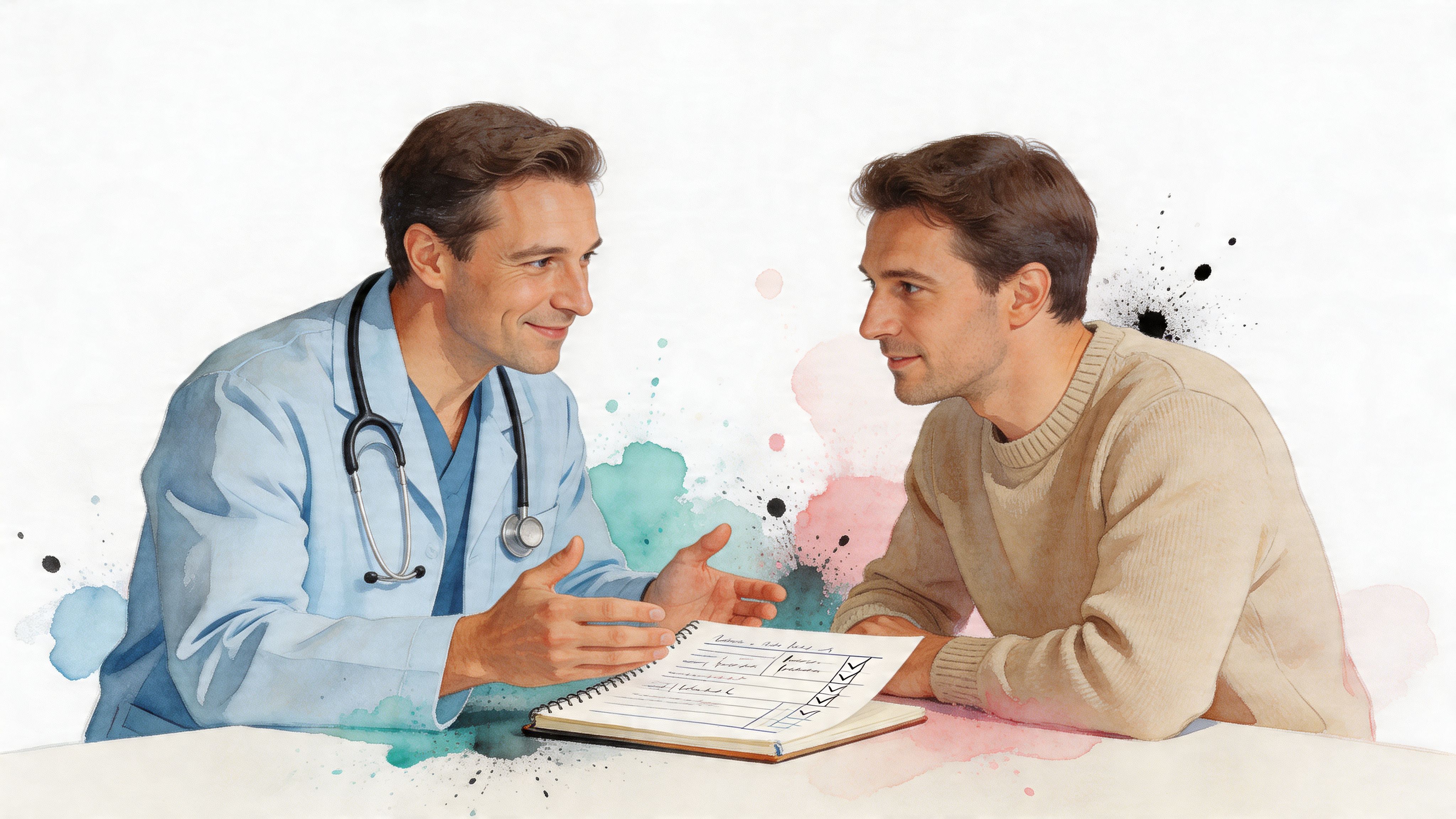 A friendly male doctor wearing a stethoscope talks to a patient while reviewing a medical clipboard.