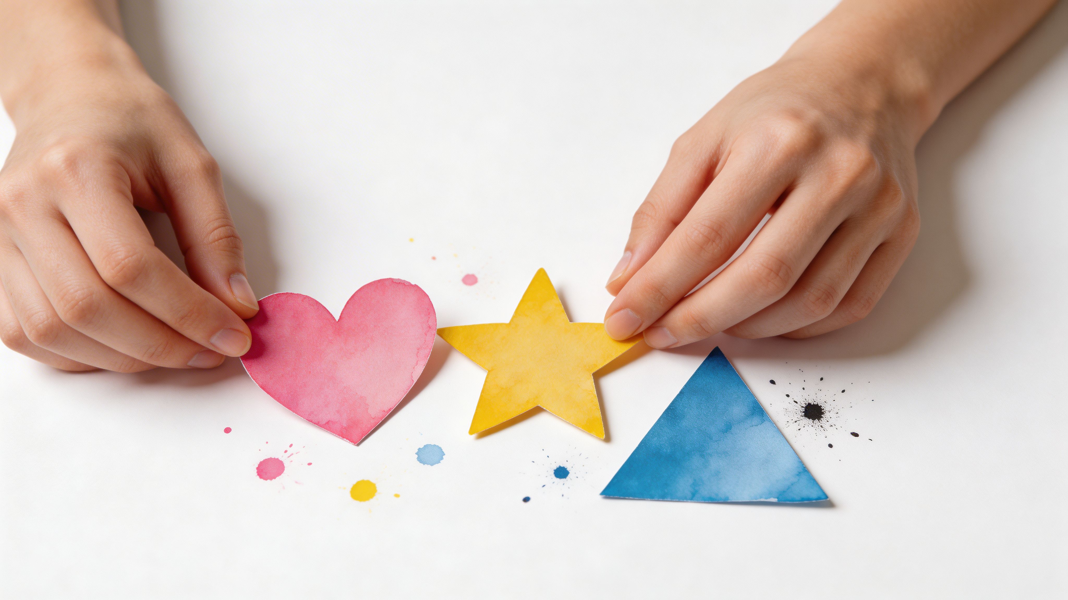 A person holding a pink heart, yellow star, and blue triangle paper shape on a white surface.