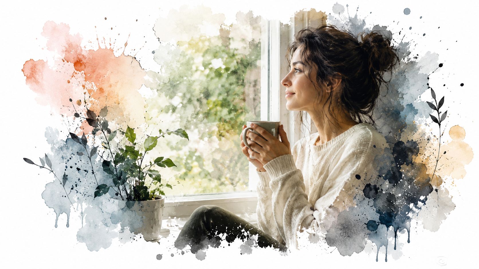 A woman sits by a window with a coffee cup, reflecting thoughtfully on themes of longing.
