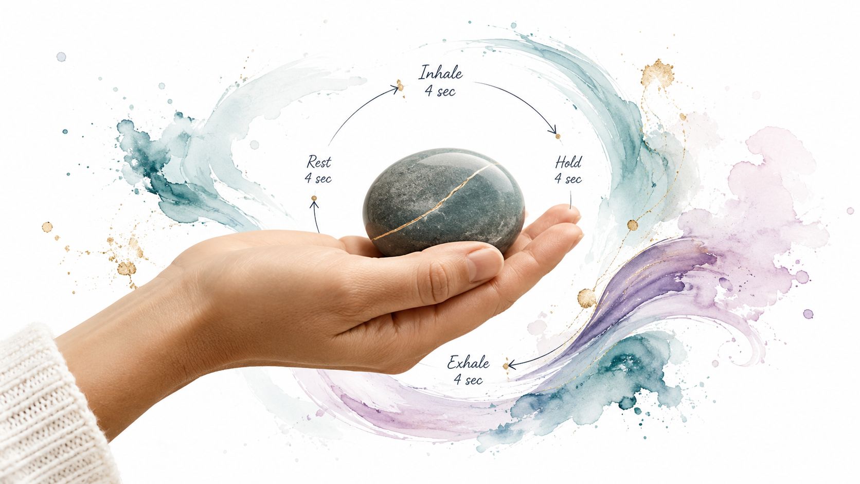 A human hand holding a smooth stone, illustrating a four-step box breathing exercise with timing instructions.