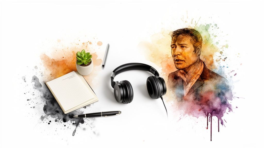 Watercolor illustration of a man with headphones, notebook, plant, and pens amidst colorful splashes.