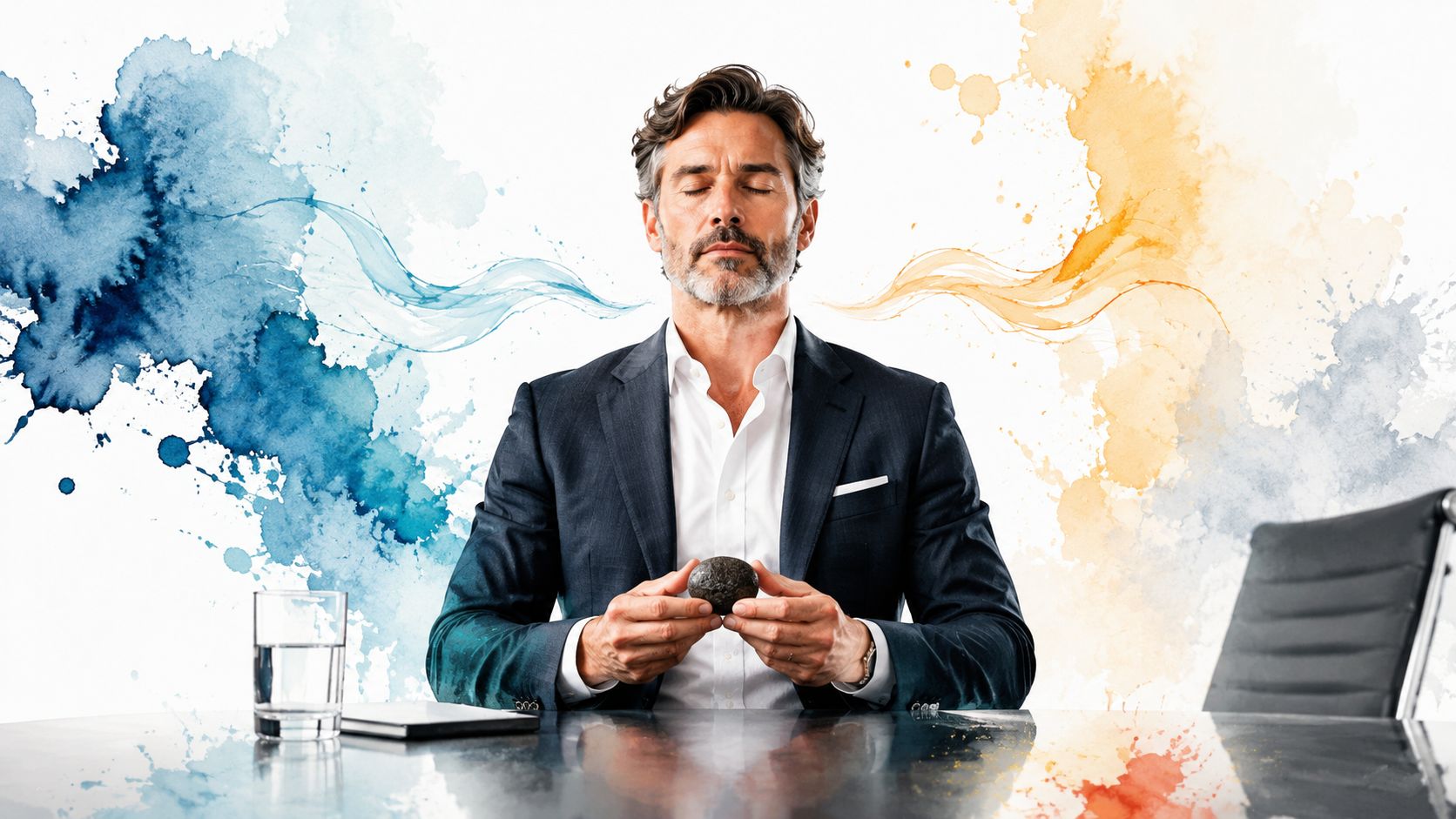 A professional man in a suit meditating with an avocado at his office desk with watercolor splashes.
