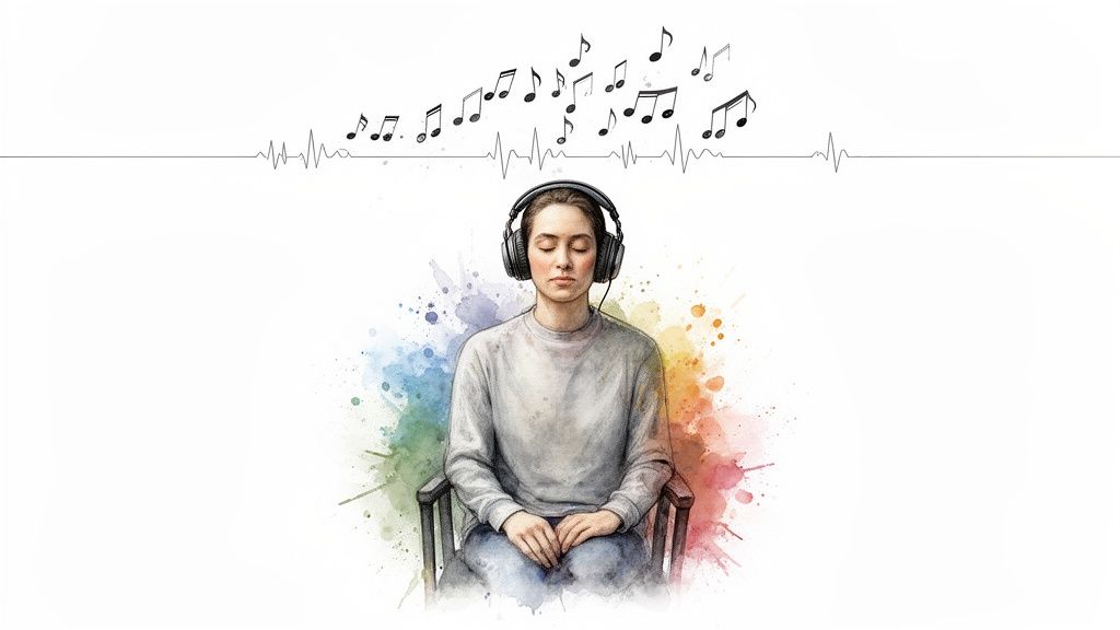 A person with headphones sits calmly, eyes closed, surrounded by colorful watercolor splashes and musical notes.