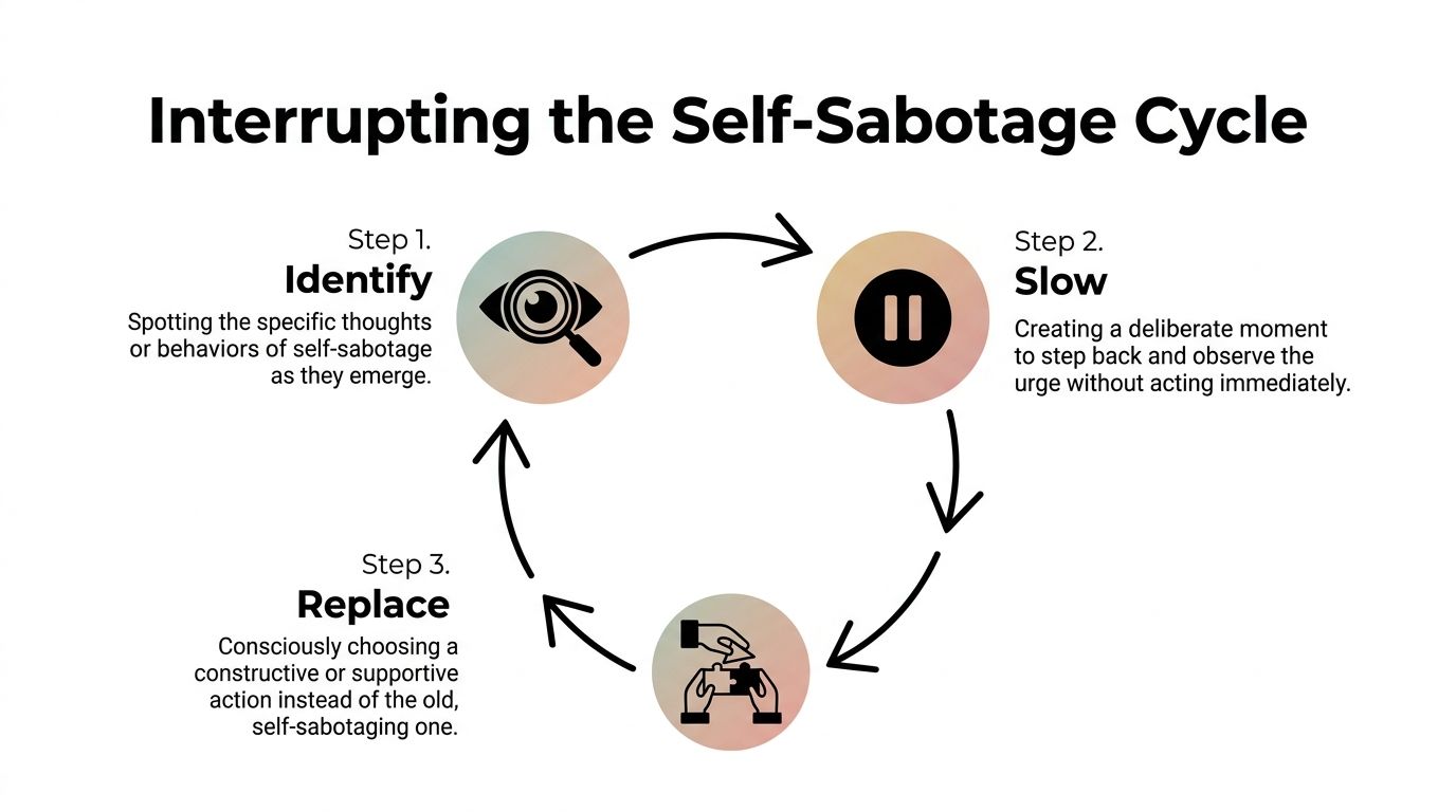 A diagram illustrating three steps to interrupt the self-sabotage cycle: Identify, Slow, and Replace.