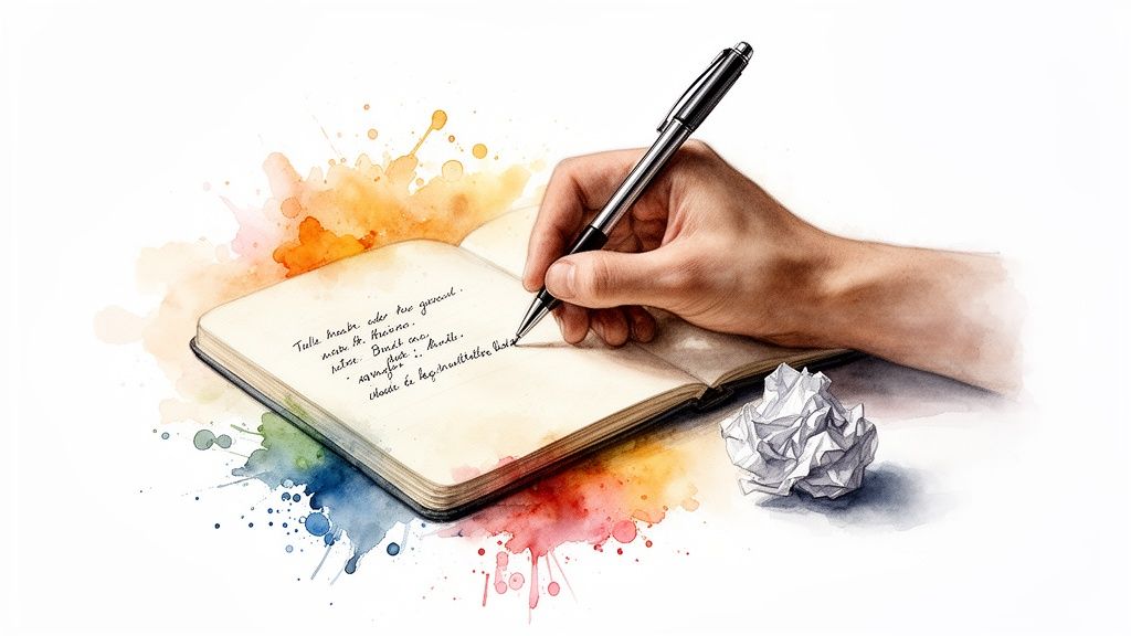 A hand writes in a notebook with a pen, surrounded by colorful watercolor splashes, next to a crumpled paper ball.