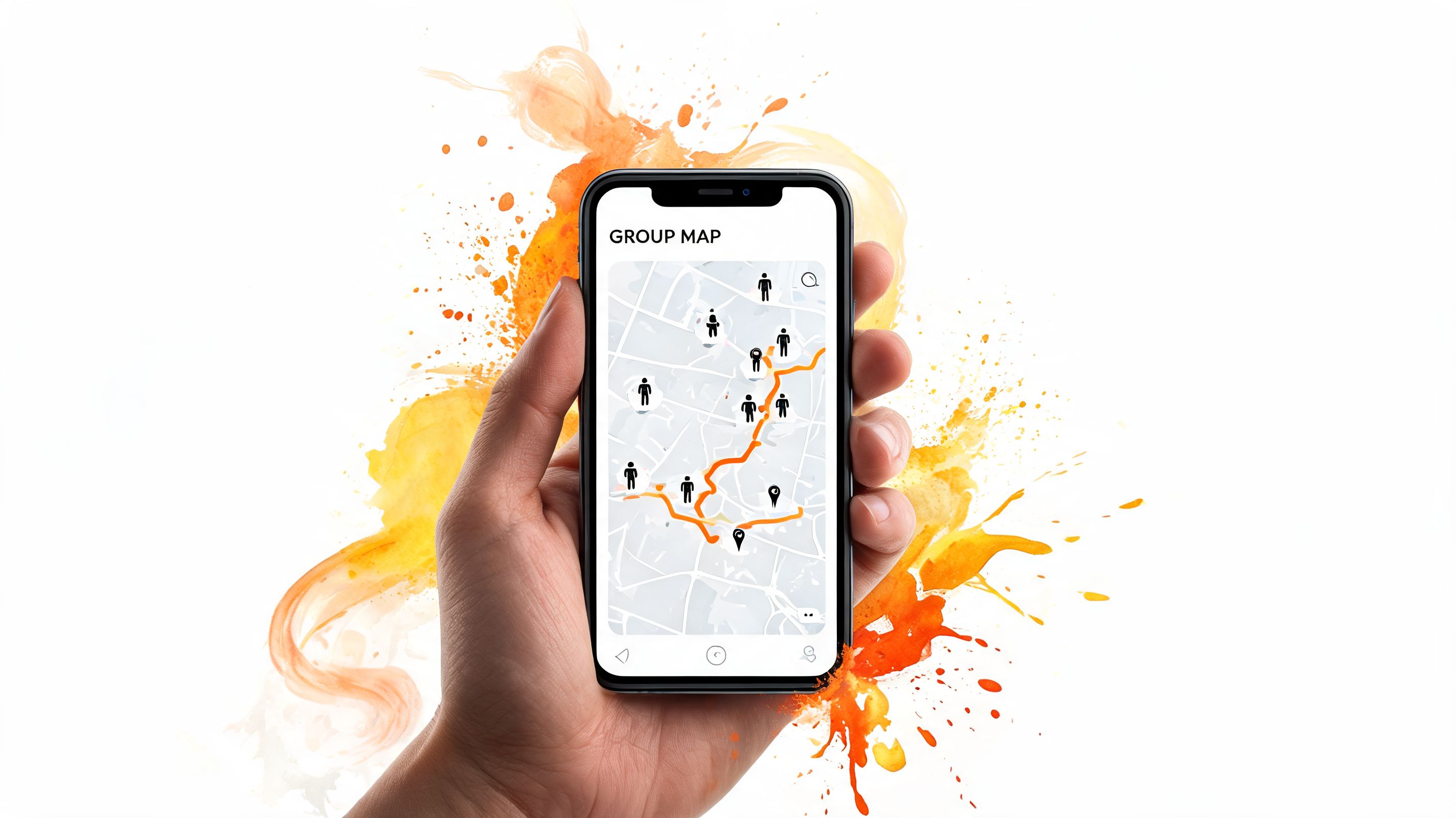 A hand holding a smartphone displaying a digital group map interface with location tracking pins.