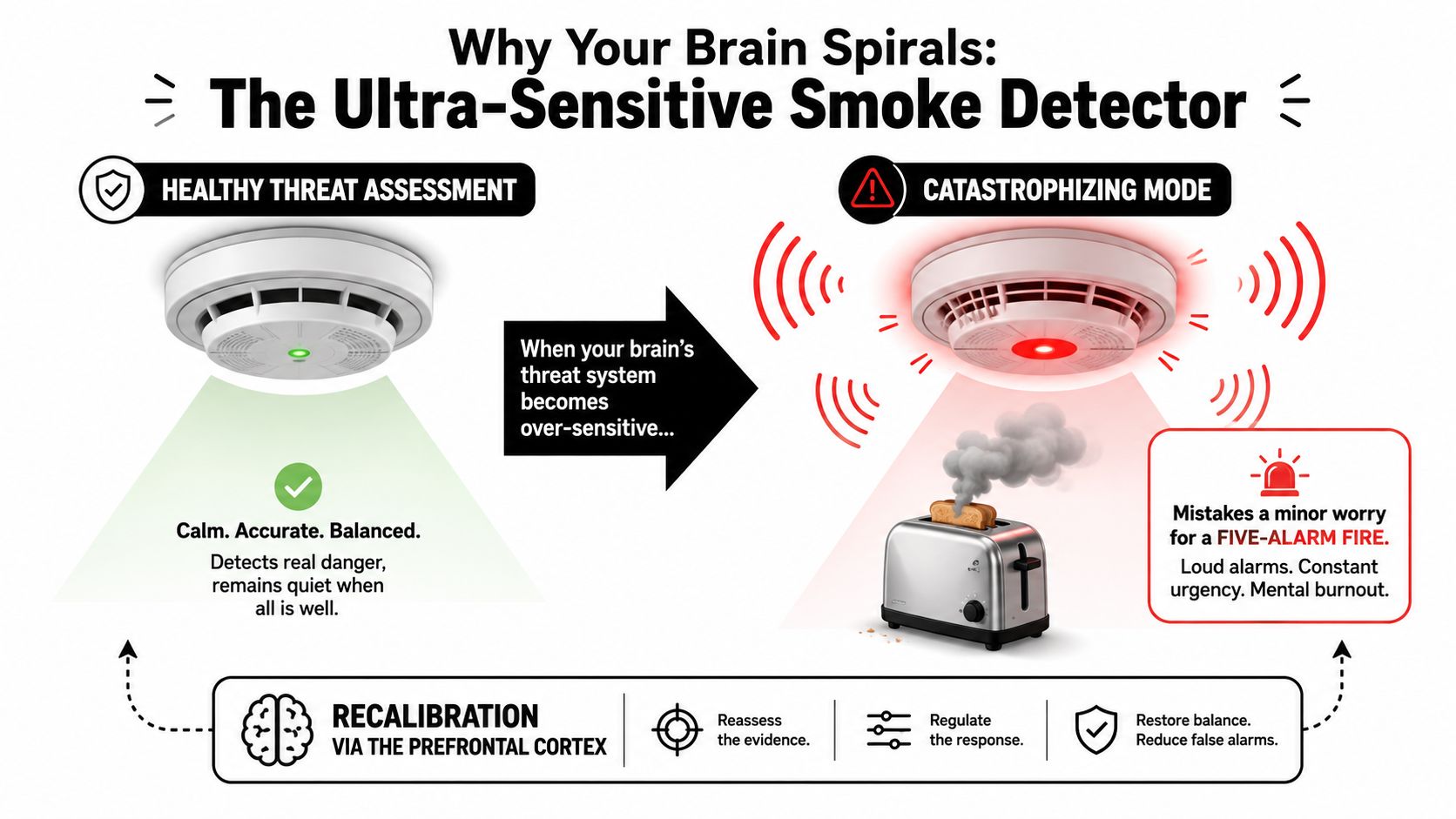 An infographic illustrating how catastrophizing anxiety functions like an over-sensitive smoke detector reacting to minor stressors.