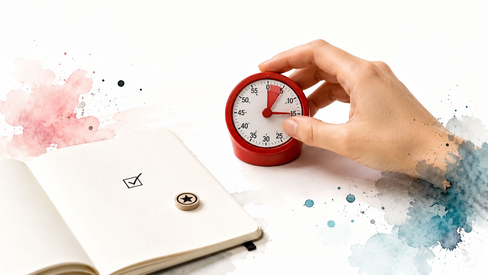 A hand adjusts a red analog timer next to an open notebook with a checklist and star.