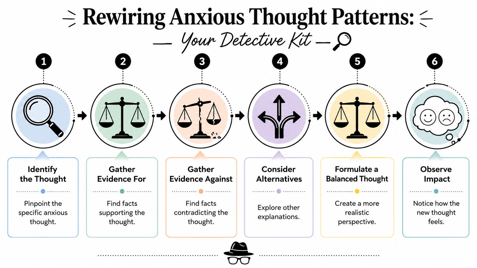A six-step infographic illustrating a detective-themed process for managing and rewiring anxious thought patterns.