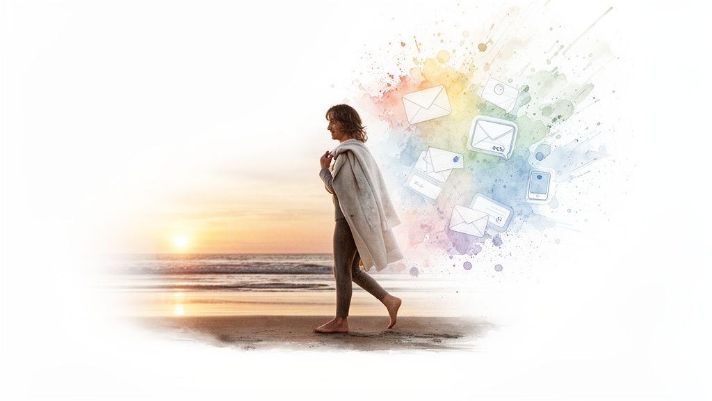 Barefoot woman walks on a sunset beach, leaving behind a colorful splash of digital messages.