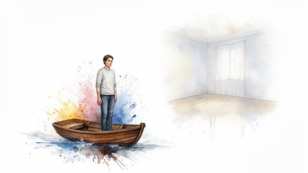 Watercolor illustration of a young man in a boat with colorful splashes, next to an empty room.