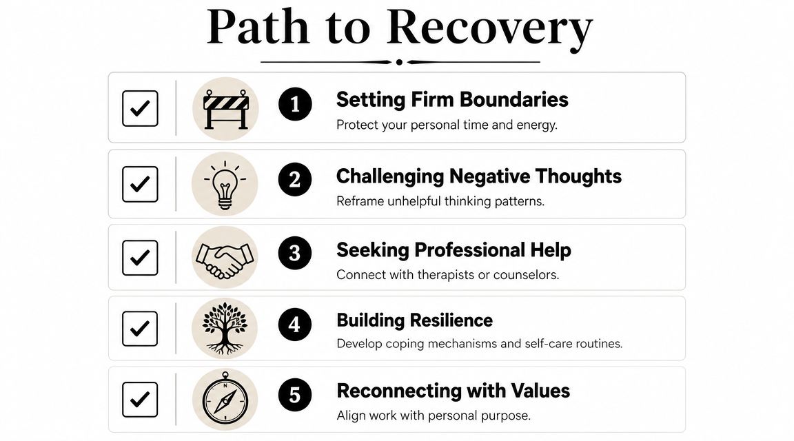 A five-step path to recovery diagram illustrating methods to overcome job burnout and improve mental well-being.