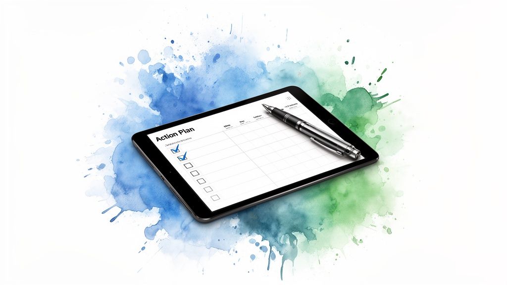 Digital action plan with checked boxes on a tablet, accompanied by a pen and watercolor splashes.