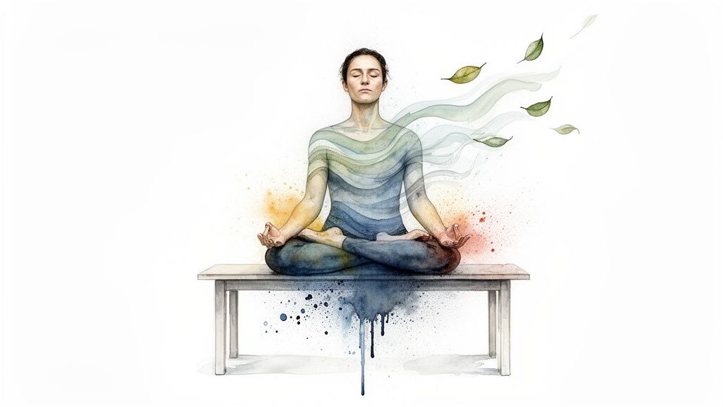 A serene person meditating in lotus position on a bench, with flowing colors and leaves, symbolizing peace.