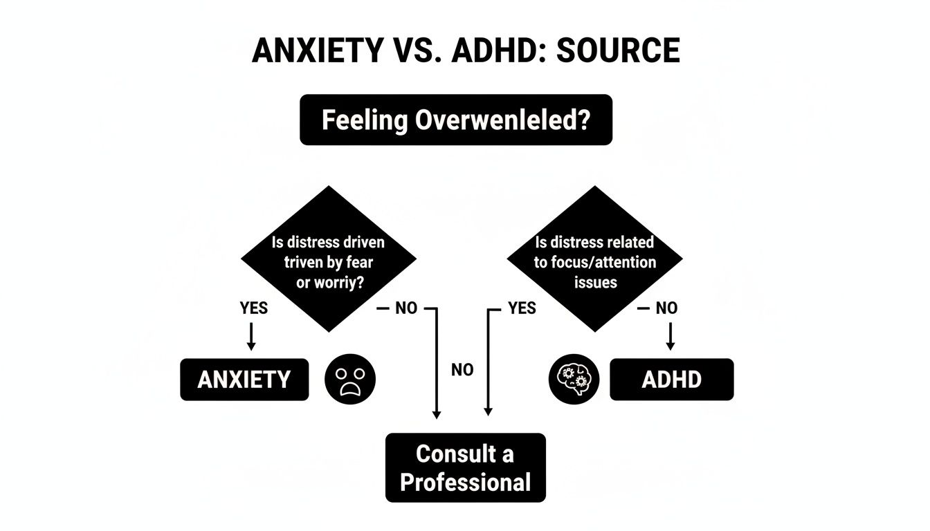 Flowchart explaining the differences between anxiety and ADHD based on the source of distress.