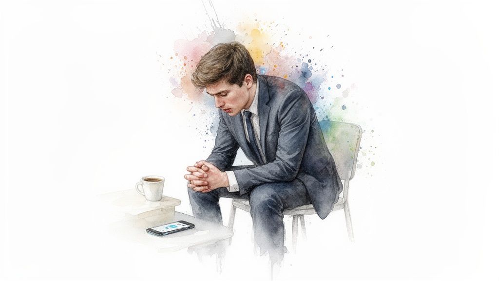 A watercolor illustration of a pensive man in a suit, looking down, with coffee and a phone.