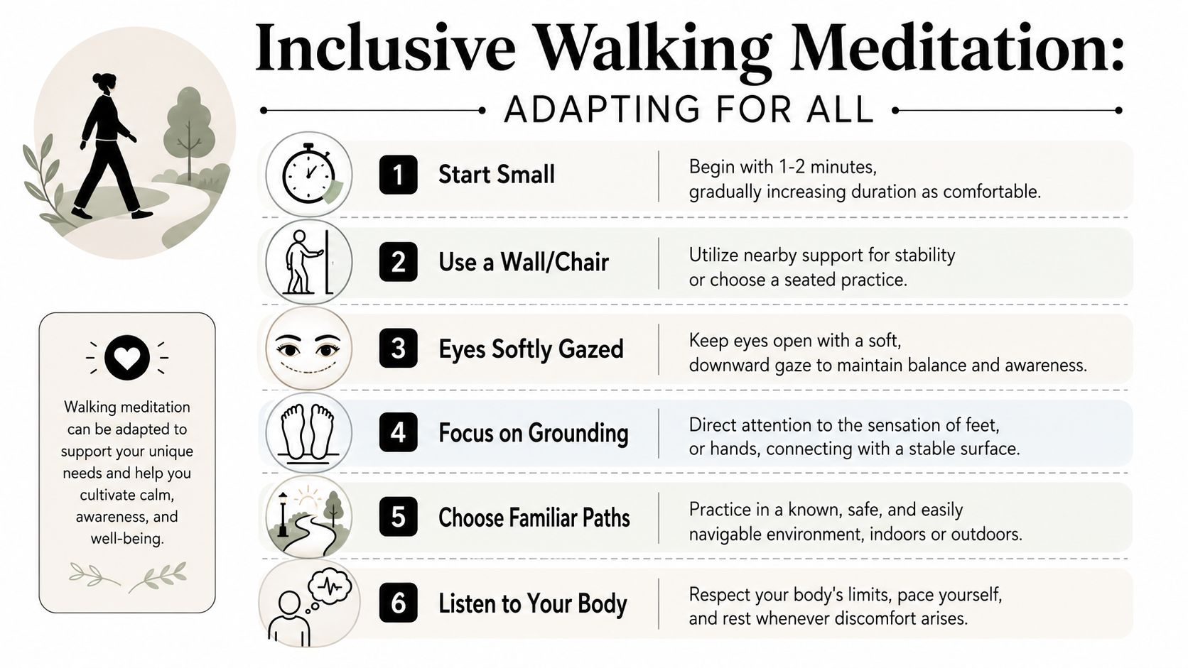 A guide illustrating six steps for inclusive walking meditation, showing accessibility adaptations for different physical needs.