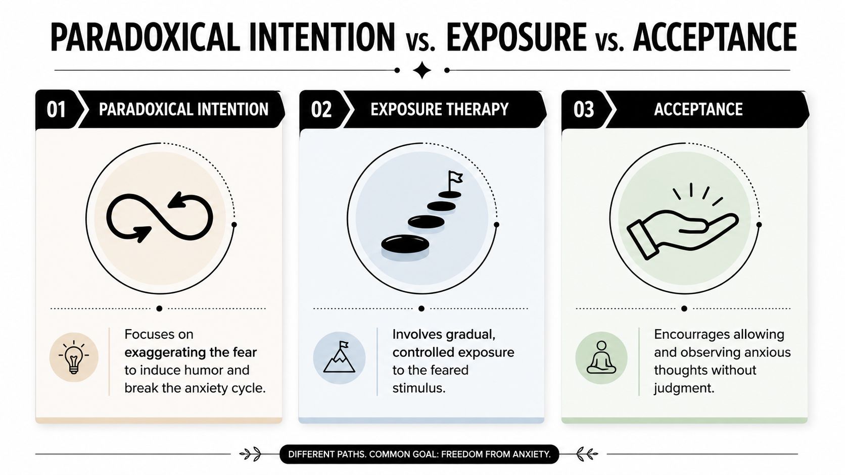 A diagram comparing paradoxical intention, exposure therapy, and acceptance as three different strategies for reducing anxiety.
