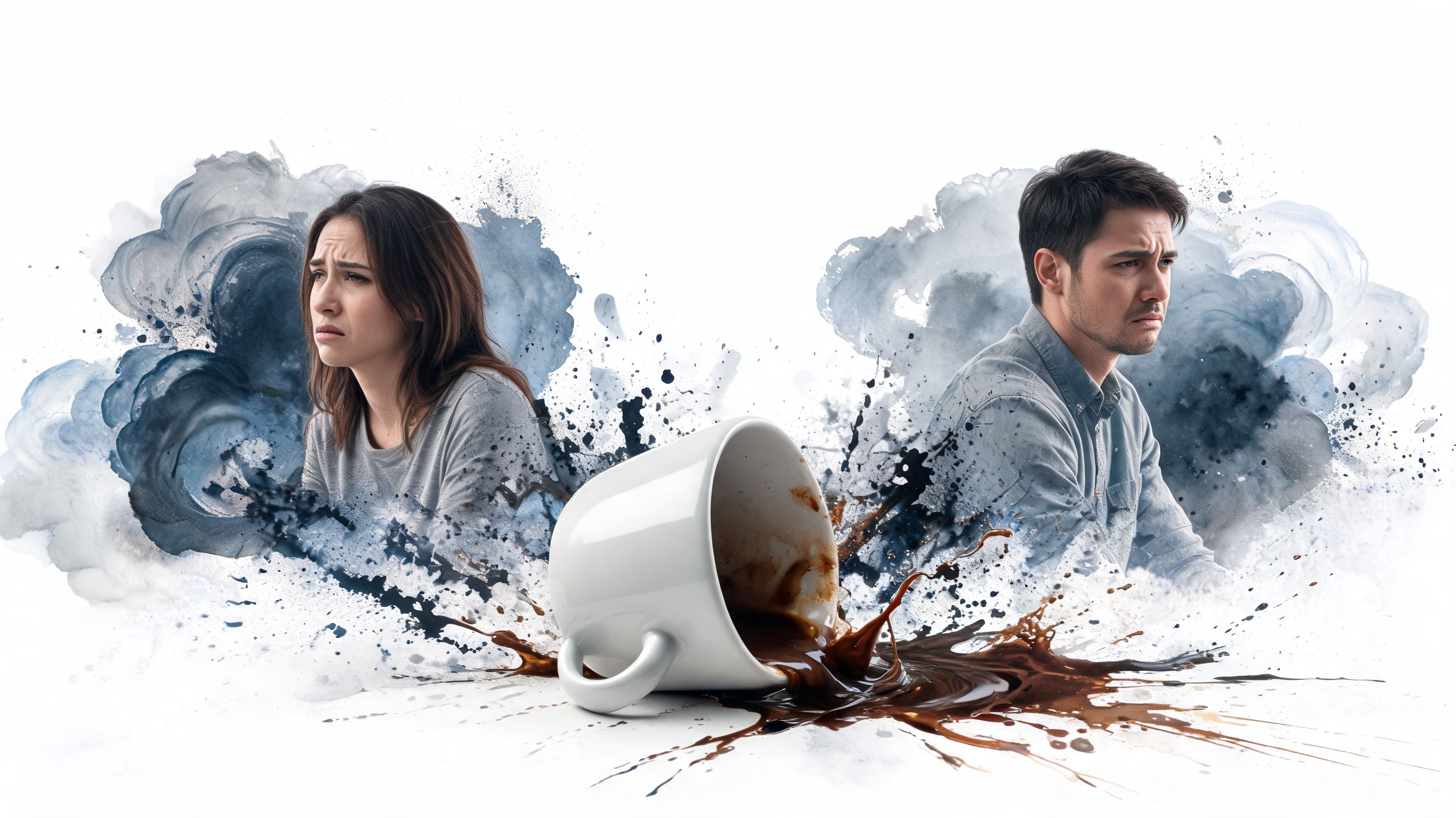 A sad couple sitting apart with a spilled coffee cup, symbolizing anxiety ruining their relationship.