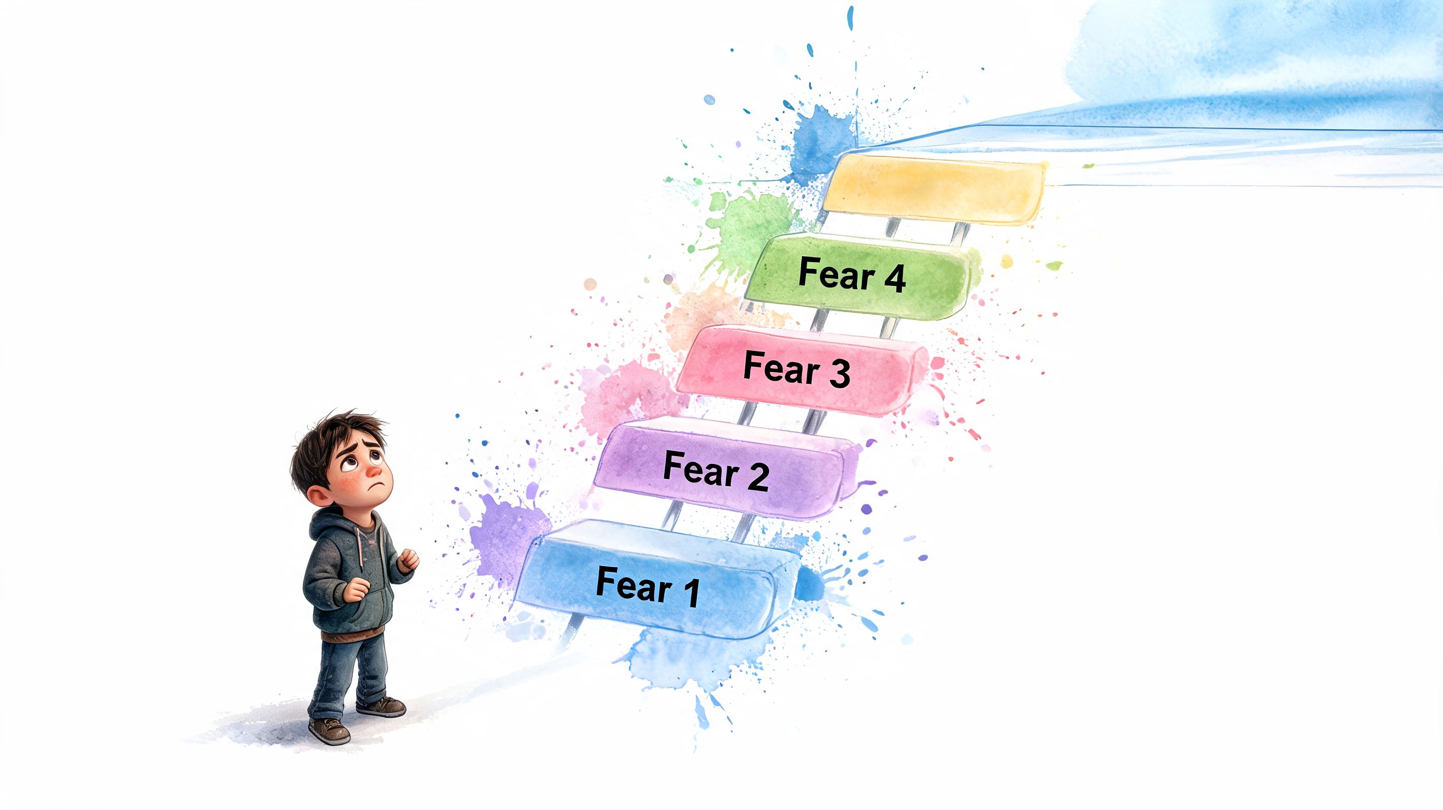 A young boy looking up at a staircase representing four levels of overcoming personal fears.