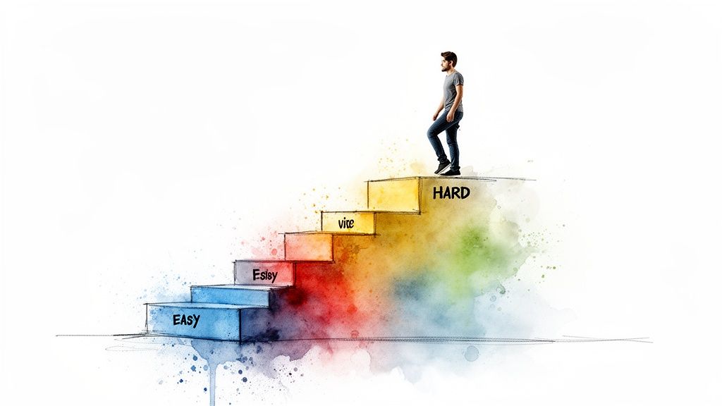 A man climbs watercolor stairs labeled "EASY", "Esisy", "vice", and "HARD", depicting a difficult journey.