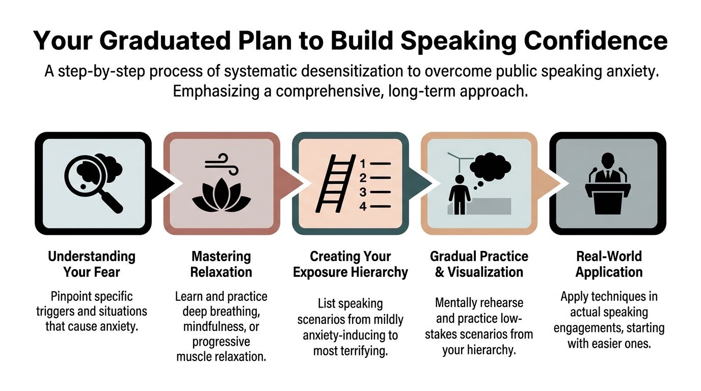 A five-step infographic showing a graduated plan to build public speaking confidence through systematic desensitization techniques.