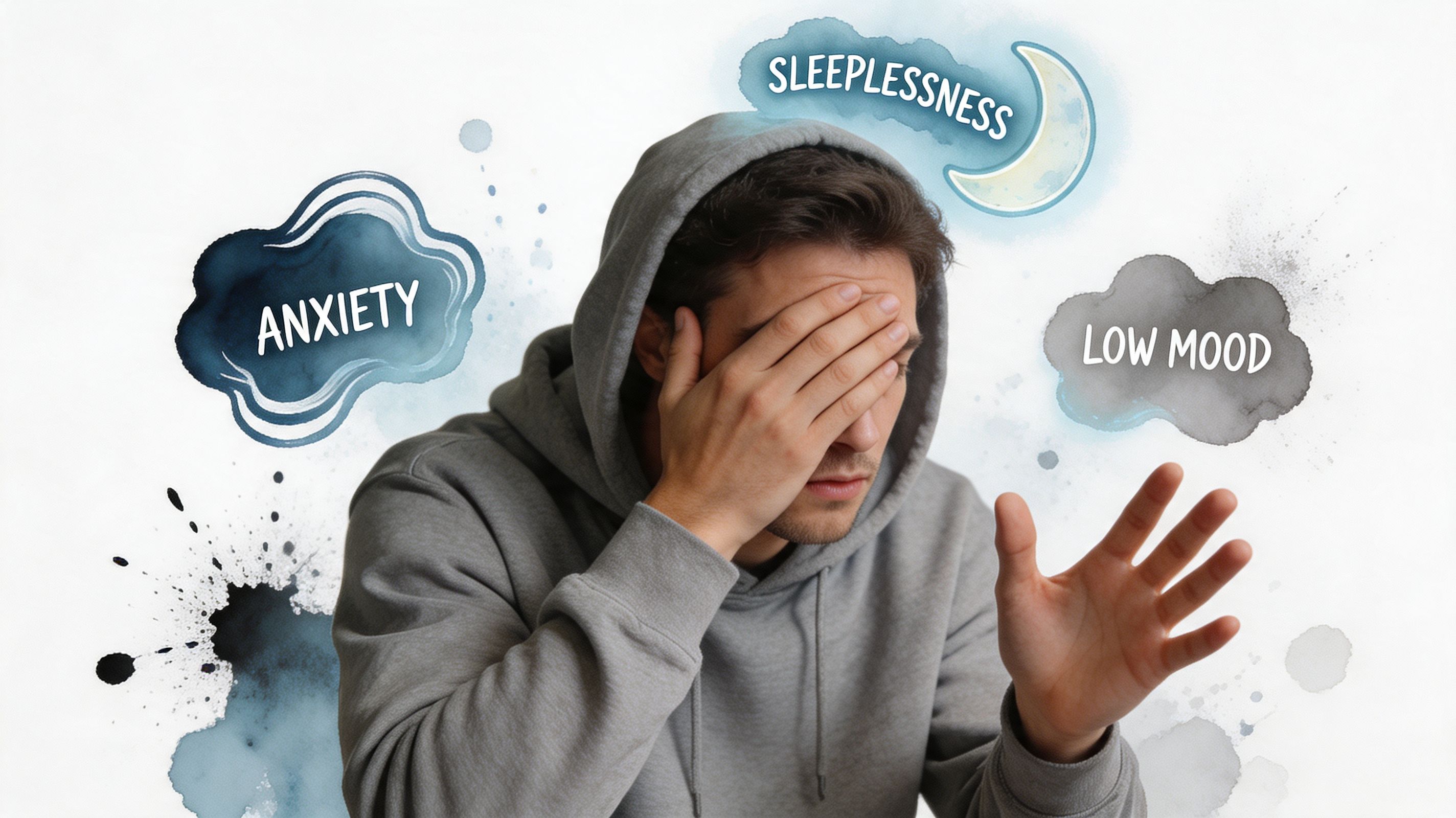 A young man wearing a grey hoodie covers his face, surrounded by illustrations of anxiety, sleeplessness, and low mood.