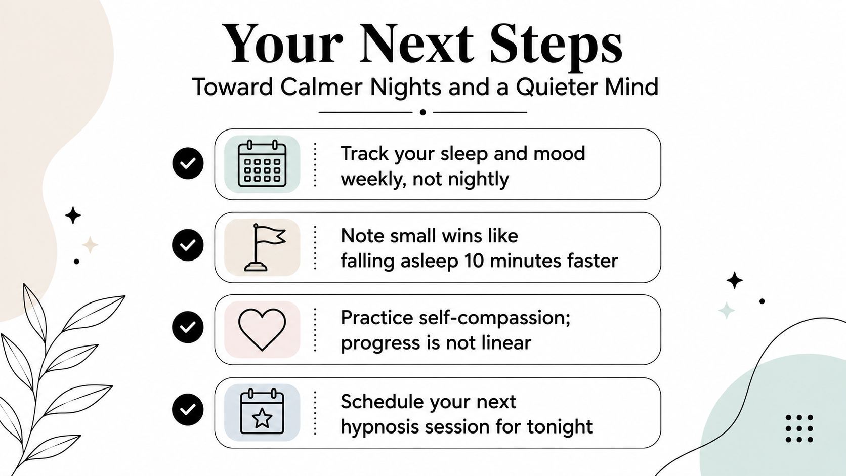 A list of four self-care steps for improved sleep habits displayed on a simple graphic design.