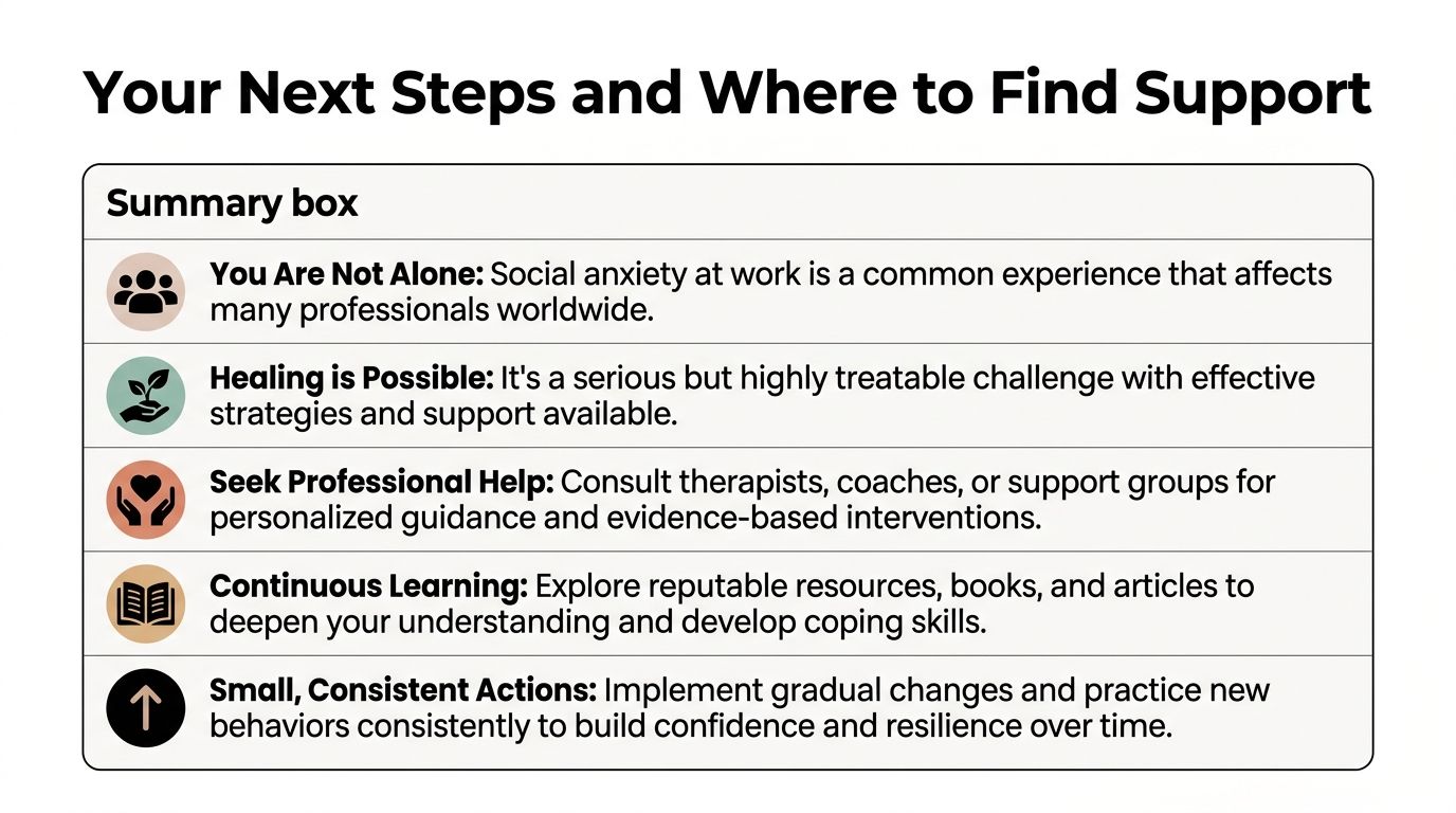 A summary box infographic outlining five key steps and support options for overcoming workplace social anxiety.